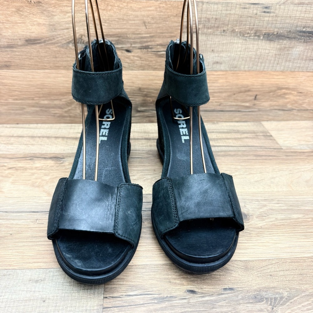 Sorel Wedges Women's size  8 Joanie Black Leather Espadrille Sandals Shoes - Picture 7 of 8
